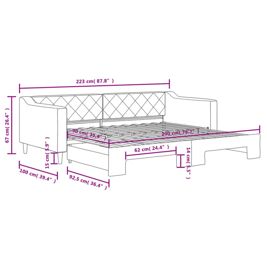 Lit de jour avec gigogne sans matelas gris clair 90x200 cm - 11