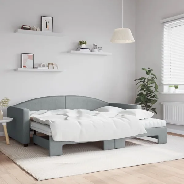 Lit de jour avec gigogne et matelas gris clair 90x200 cm tissu