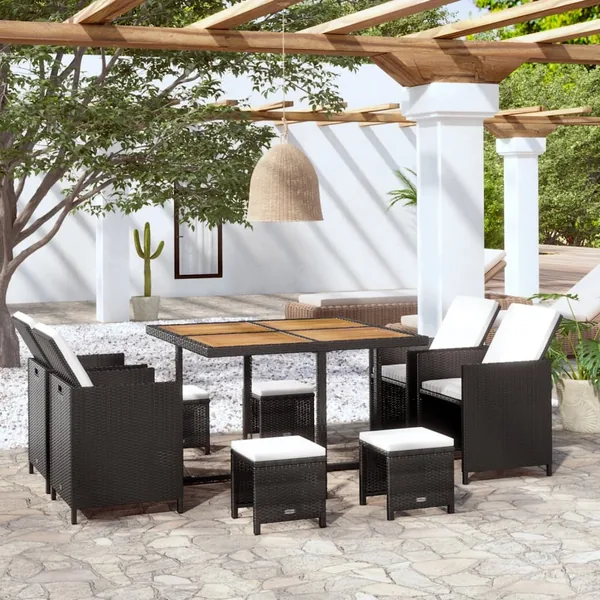Ensemble à manger d'extérieur 9 pcs résine tressée et acacia