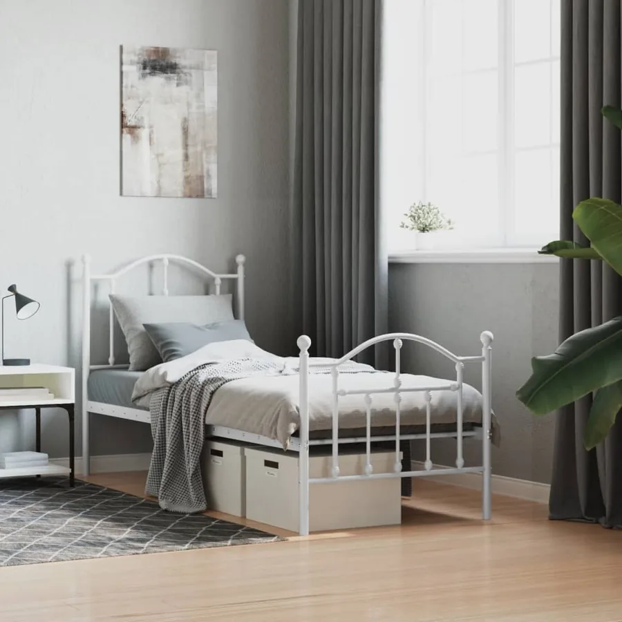 Cadre de lit métal sans matelas avec pied de lit blanc 75x190cm