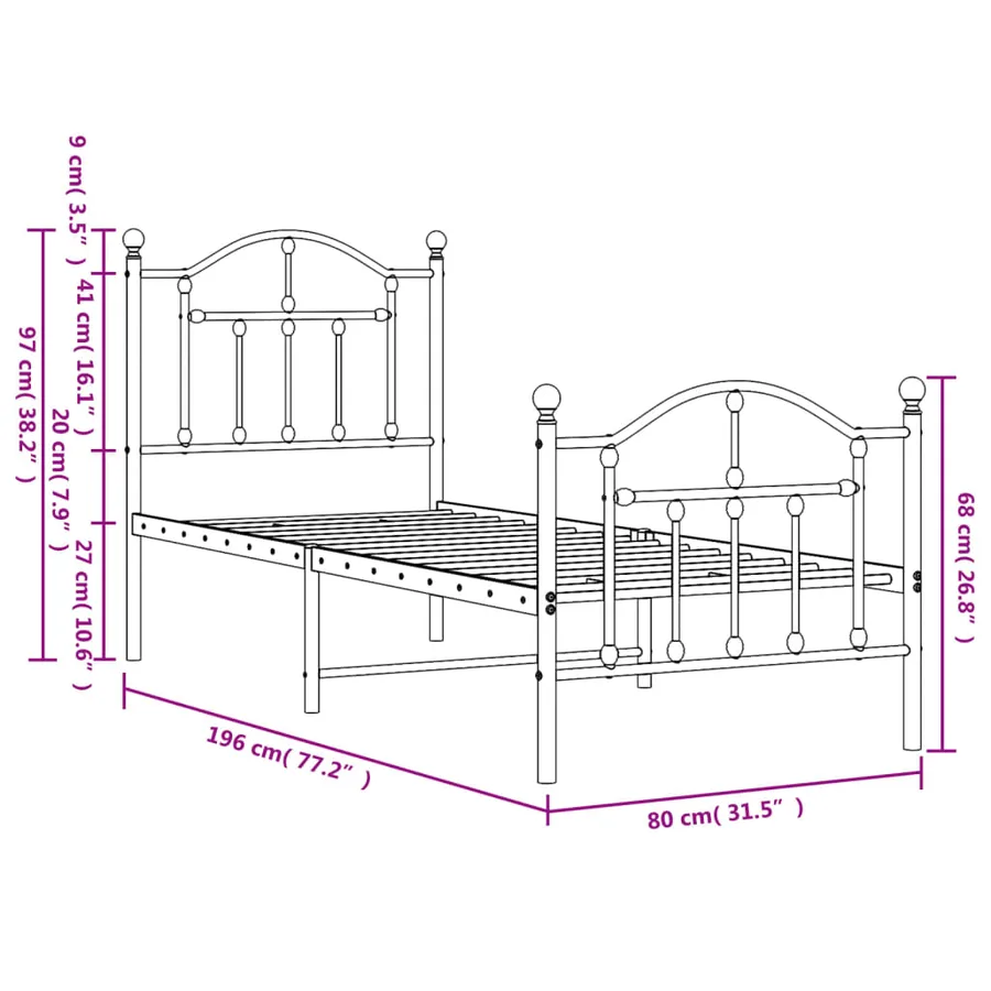 Cadre de lit métal sans matelas avec pied de lit blanc 75x190cm - 9
