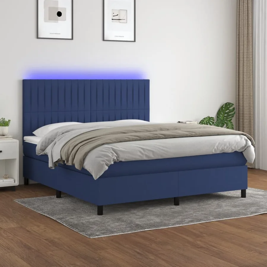 Sommier à lattes de lit et matelas et LED Bleu 180x200 cm Tissu