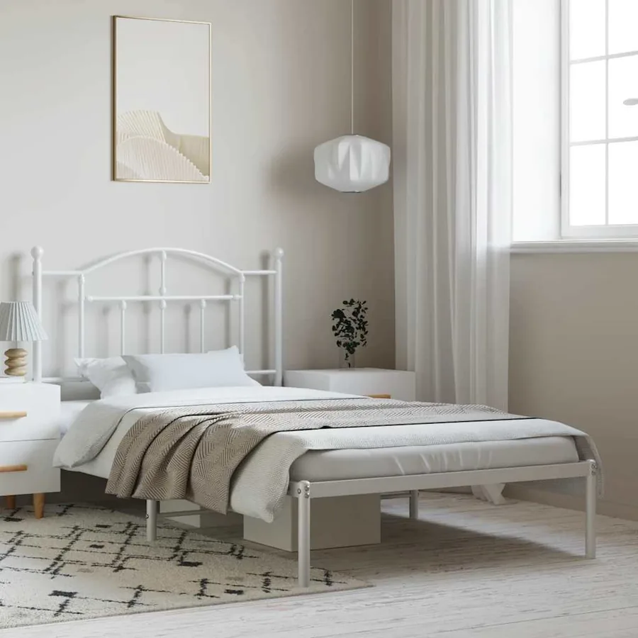 Cadre de lit métal sans matelas et tête de lit blanc 100x190 cm