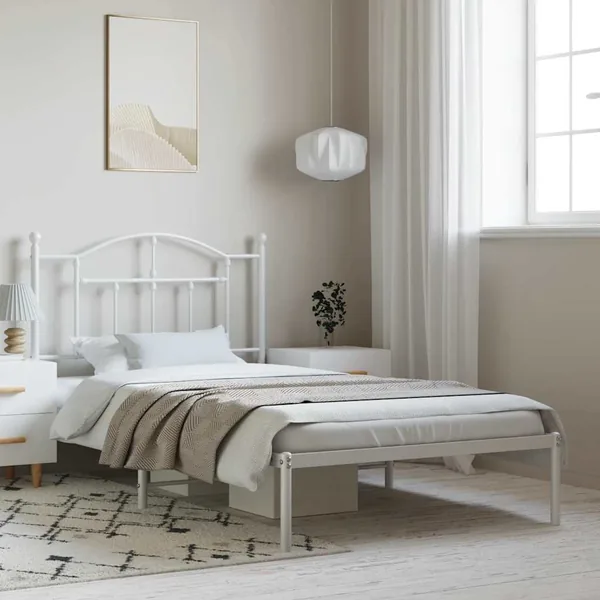 Cadre de lit métal sans matelas et tête de lit blanc 100x190 cm