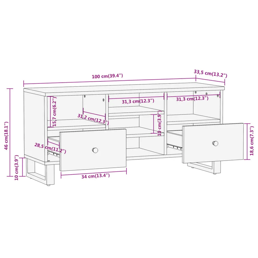 Meuble TV marron et noir 100x33,5x46 cm bois massif de manguier - 11