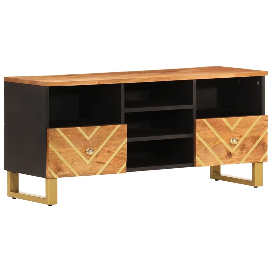 Meuble TV marron et noir 100x33,5x46 cm bois massif de manguier - 2