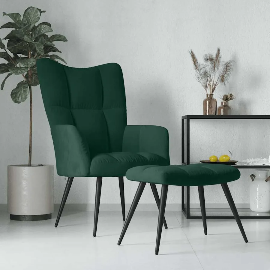 Chaise de relaxation avec tabouret Vert foncé Velours
