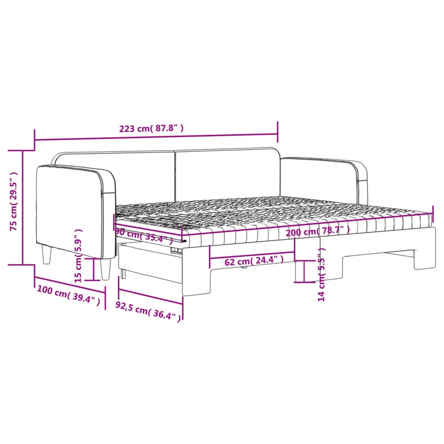 Lit de jour avec gigogne et matelas gris clair 90x200 cm tissu - 12