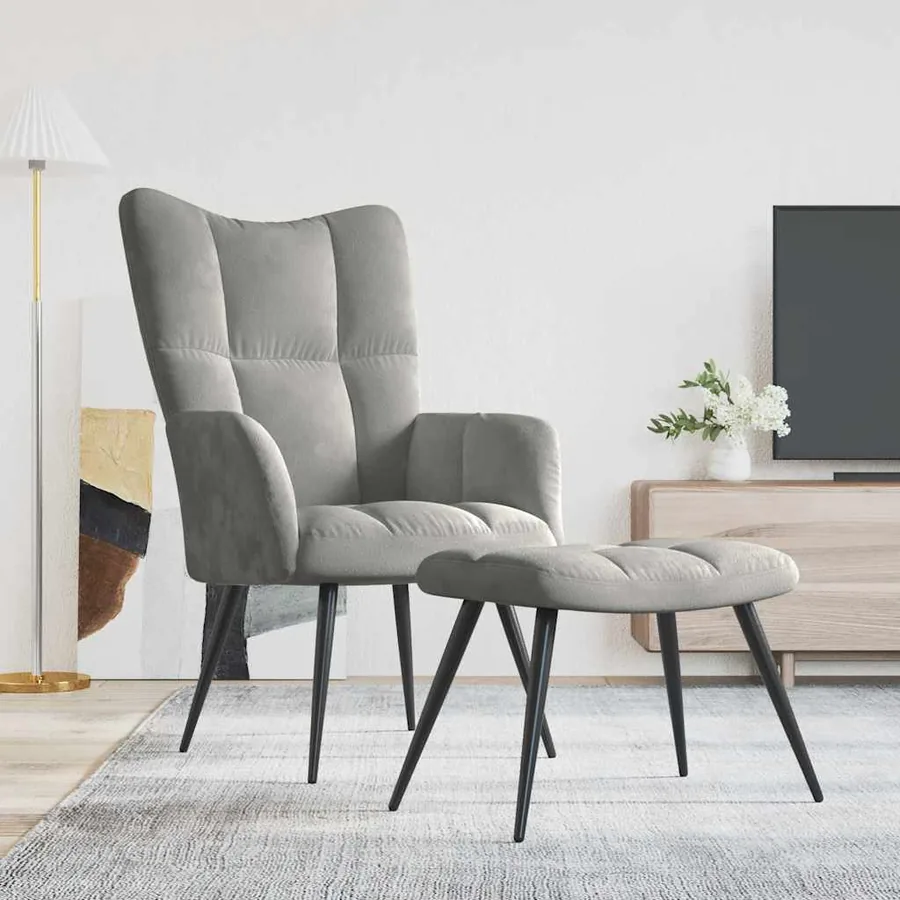 Chaise de relaxation avec tabouret Gris clair Velours