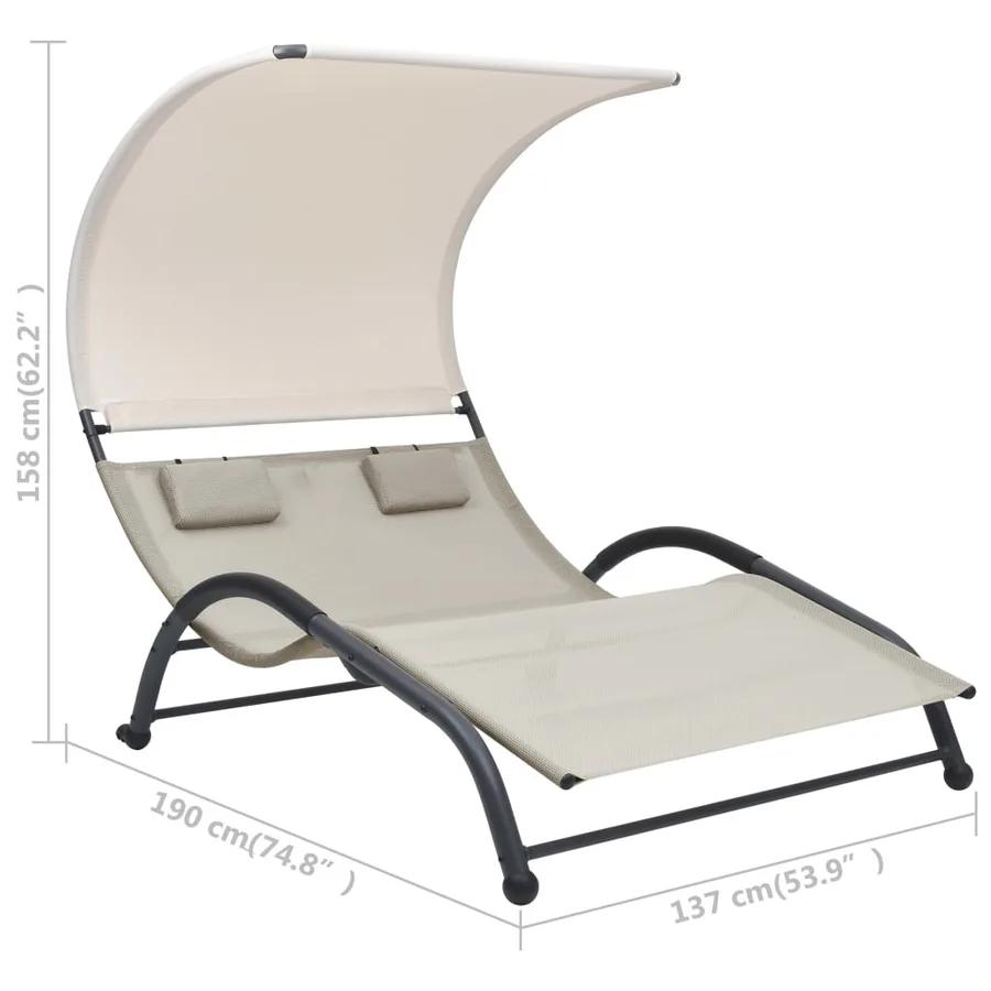 Chaise longue double avec auvent textilène noir - 35