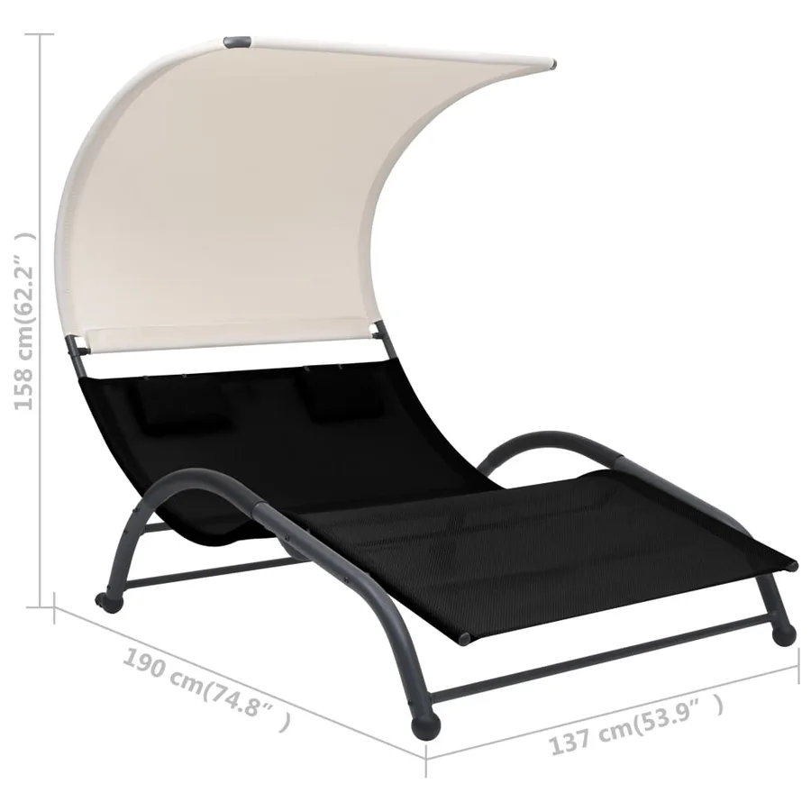 Chaise longue double avec auvent textilène noir - 7