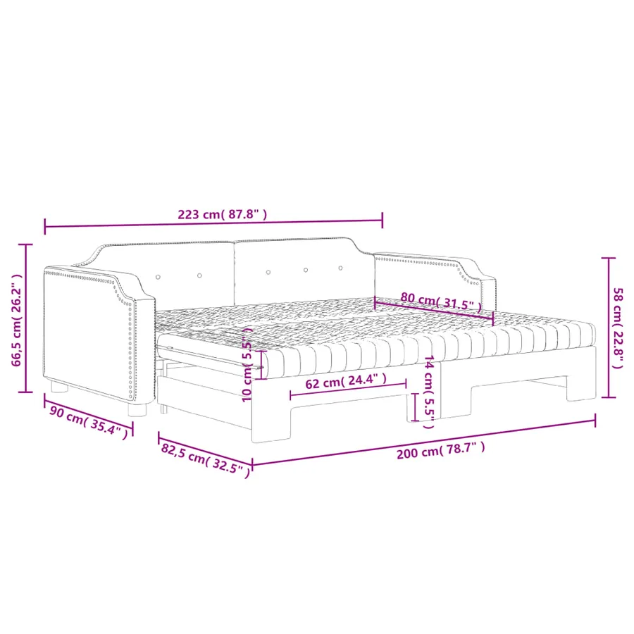 Lit de jour avec gigogne et matelas taupe 80x200 cm tissu - 12