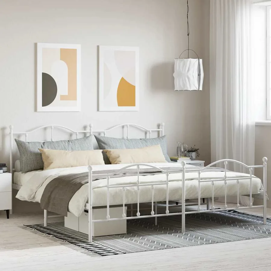 Cadre de lit métal sans matelas et pied de lit blanc 200x200 cm