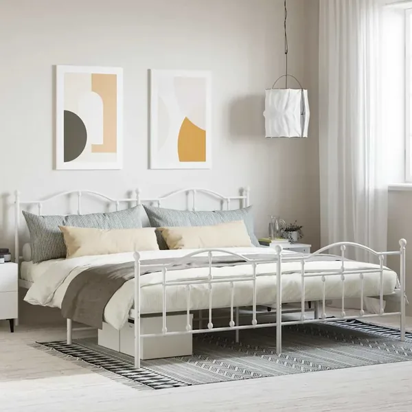 Cadre de lit métal sans matelas et pied de lit blanc 200x200 cm