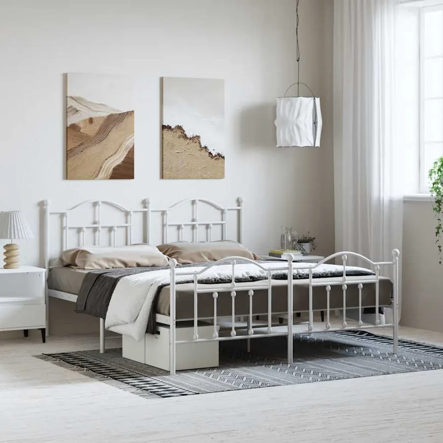 Cadre de lit métal sans matelas et pied de lit blanc 183x213 cm