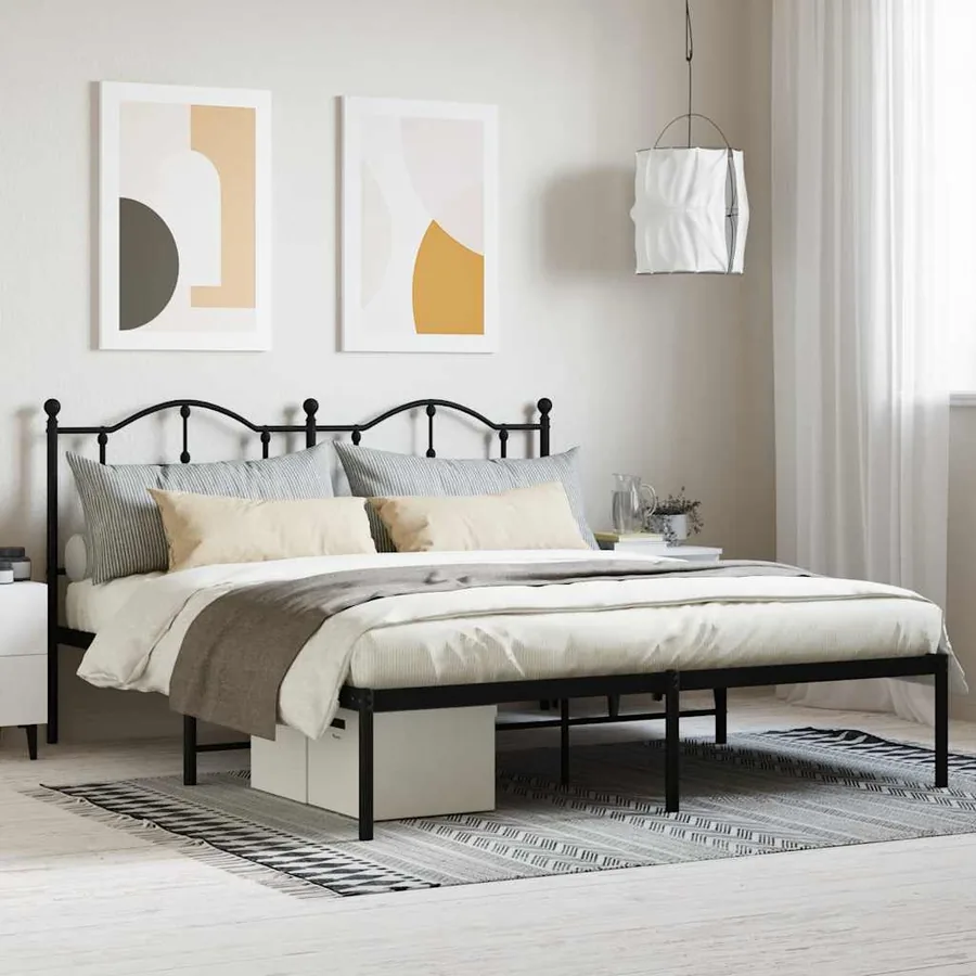Cadre de lit métal sans matelas et tête de lit noir 160x200 cm
