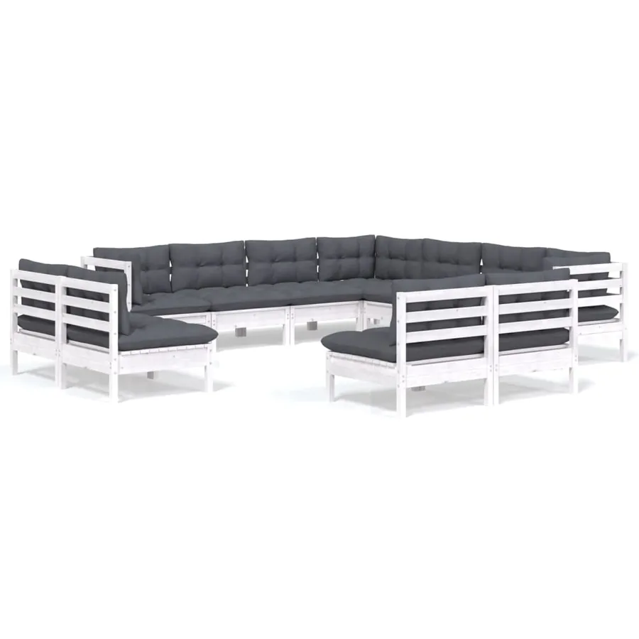 Salon de jardin 11 pcs avec coussins blanc bois de pin solide - 2