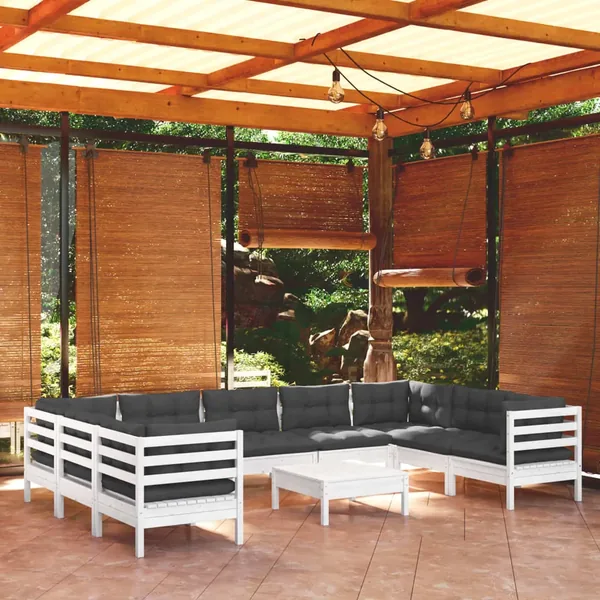 Salon de jardin 10 pcs avec coussins blanc bois de pin
