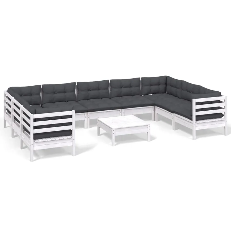 Salon de jardin 10 pcs avec coussins blanc bois de pin - 2