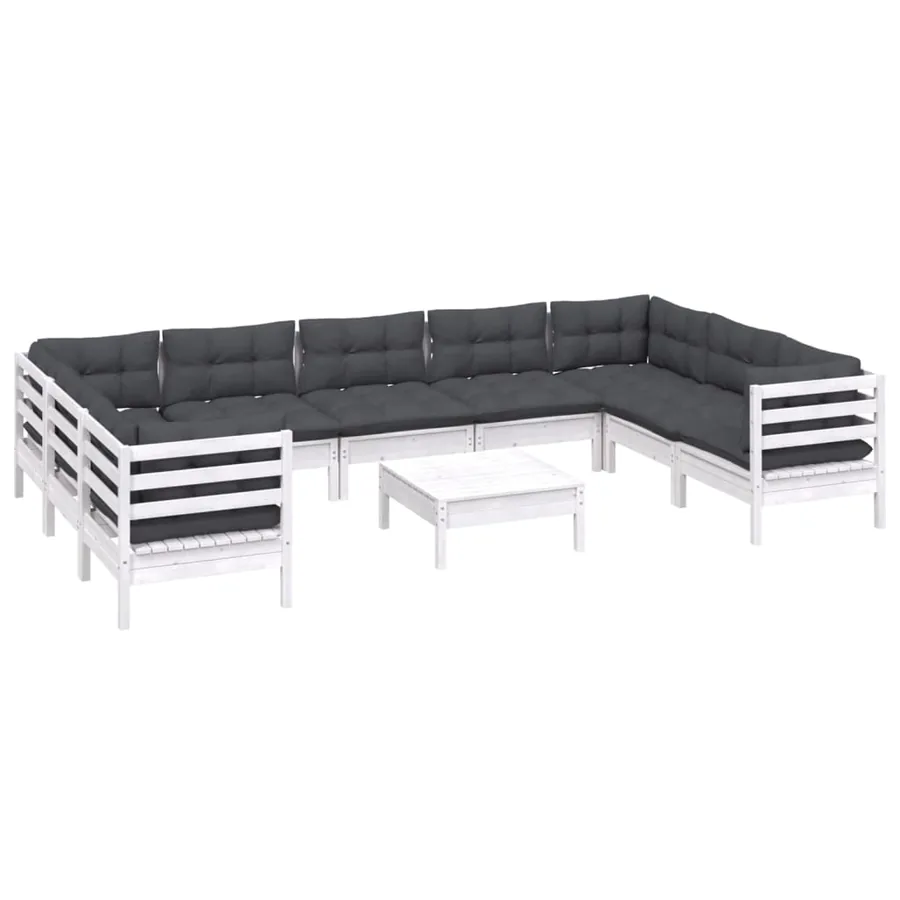 Salon de jardin 10 pcs avec coussins blanc bois de pin - 3
