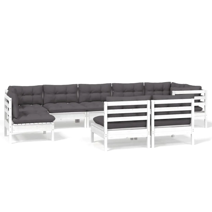 Salon de jardin 9 pcs avec coussins blanc bois de pin massif - 2