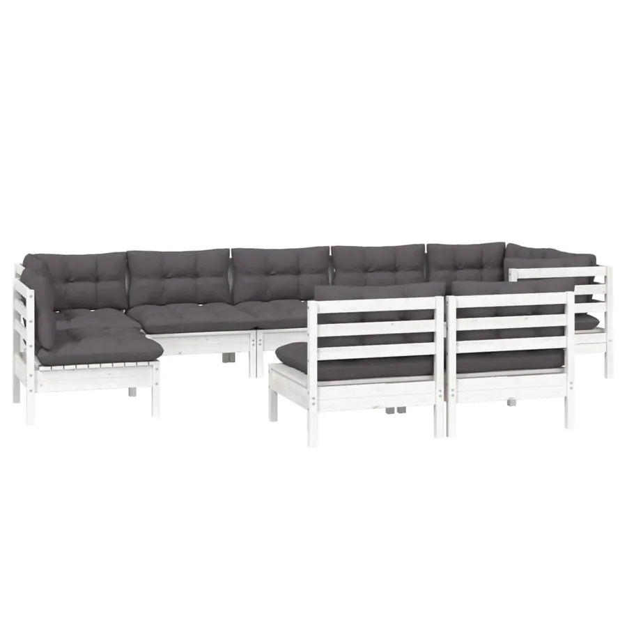 Salon de jardin 9 pcs avec coussins blanc bois de pin massif - 3