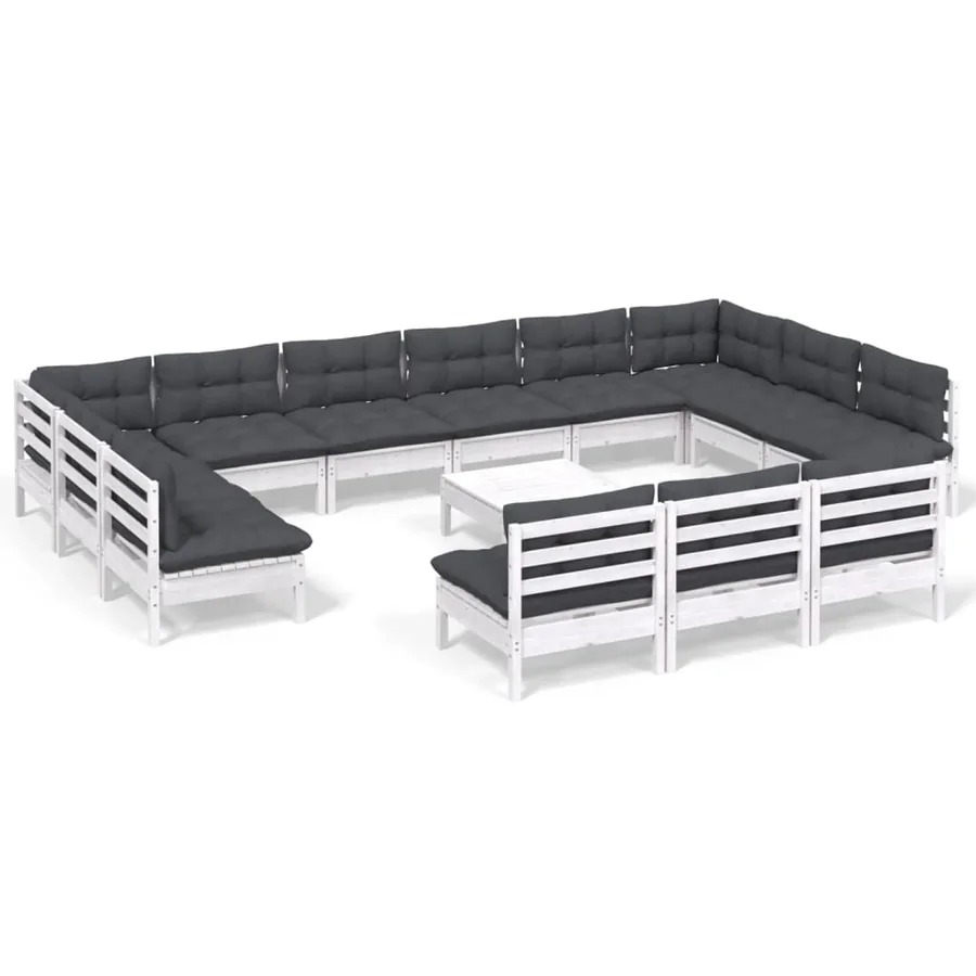 Salon de jardin 14 pcs avec coussins blanc bois de pin solide - 2
