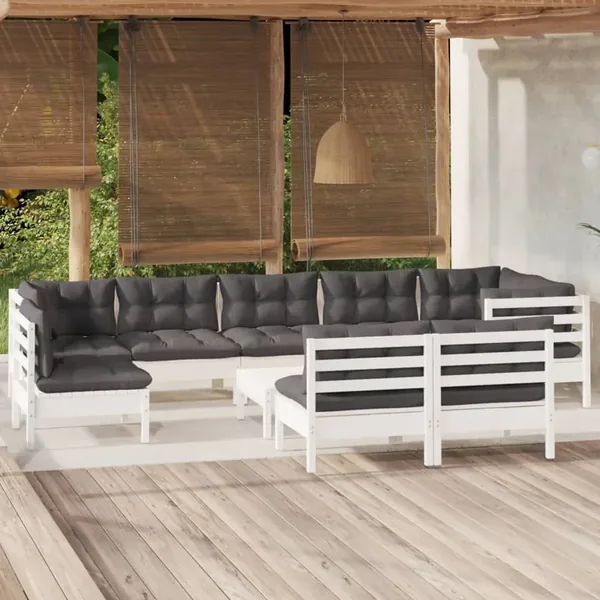 Salon de jardin 10 pcs avec coussins blanc bois de pin massif
