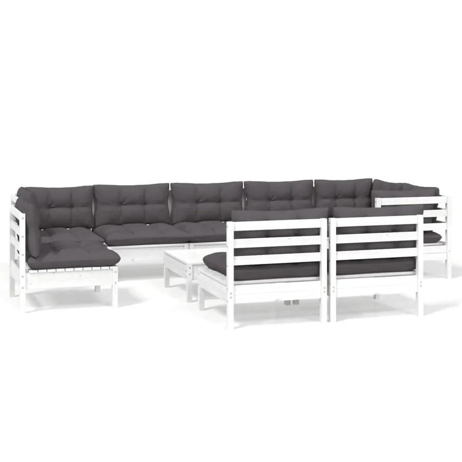 Salon de jardin 10 pcs avec coussins blanc bois de pin massif - 2