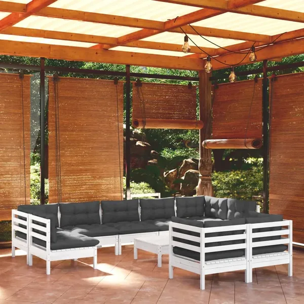 Salon de jardin 10 pcs avec coussins blanc bois de pin massif