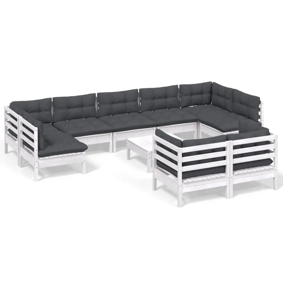 Salon de jardin 10 pcs avec coussins blanc bois de pin massif - 2