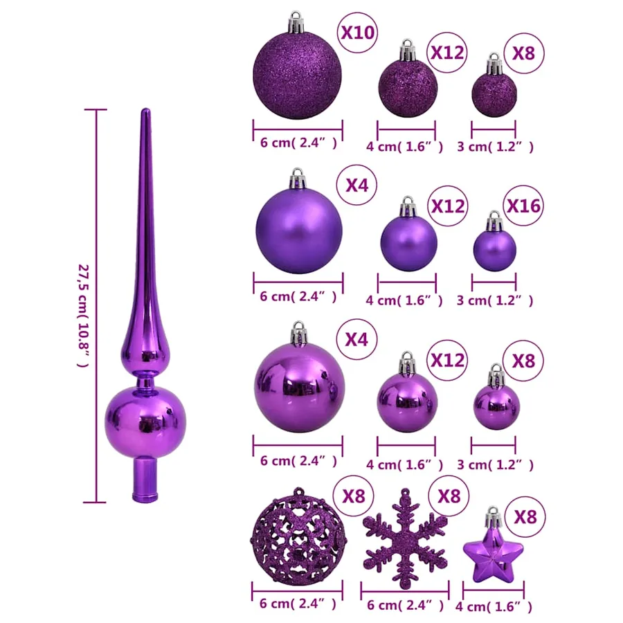 Ensemble de boules de Noël 111 pièces violet polystyrène - 12