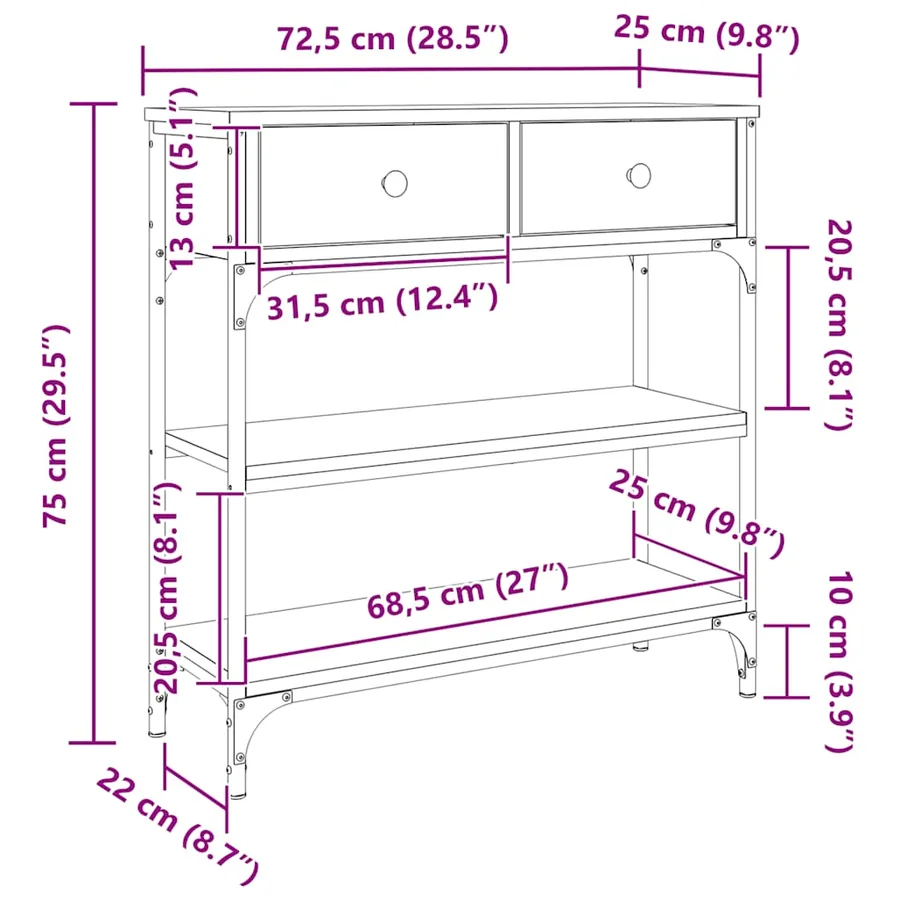 Table console chêne sonoma 72,5x25x75 cm bois d'ingénierie - 11