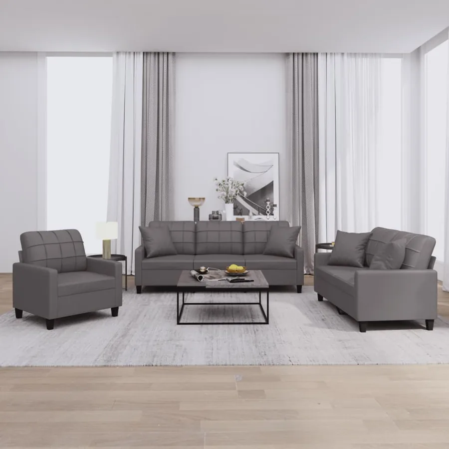 Ensemble de canapés 3 pcs avec coussins gris similicuir