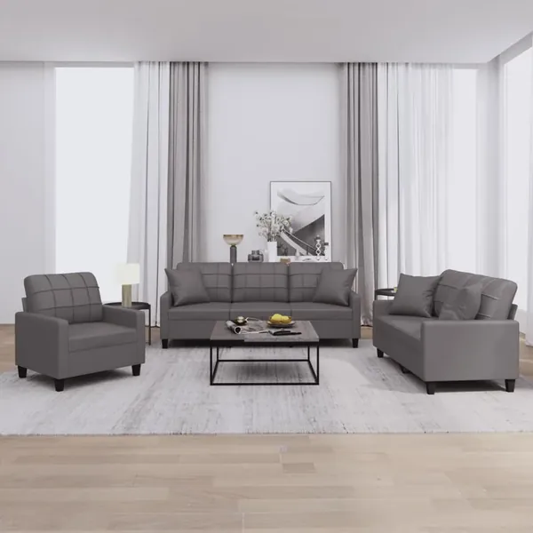 Ensemble de canapés 3 pcs avec coussins gris similicuir