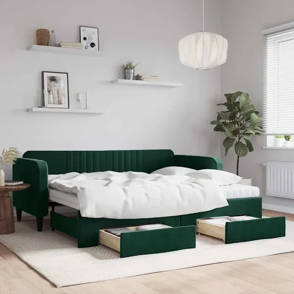 Lit de jour avec gigogne et tiroirs vert foncé 90x200cm velours