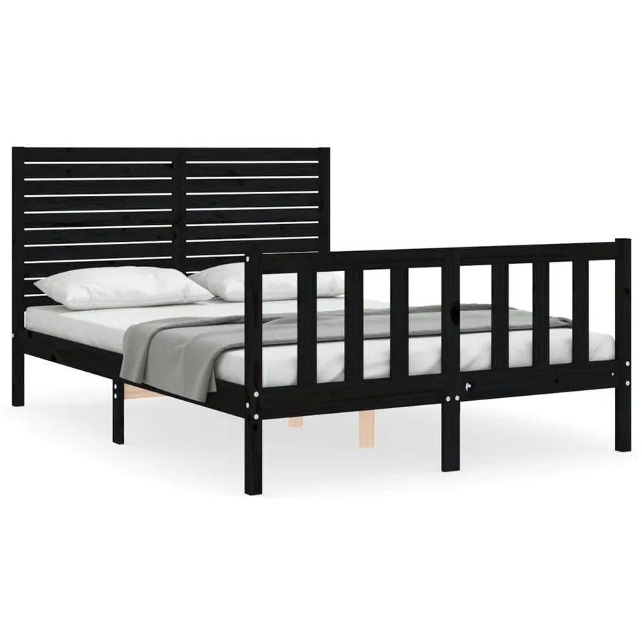 Cadre de lit sans matelas noir bois de pin massif - 2