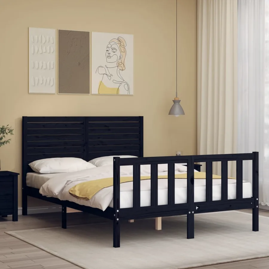 Cadre de lit sans matelas noir bois de pin massif - 3