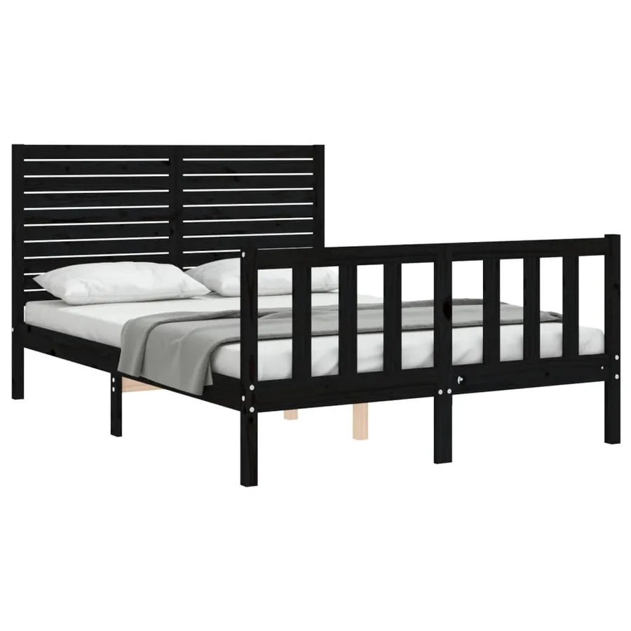 Cadre de lit sans matelas noir bois de pin massif - 4