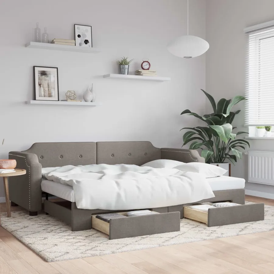 Lit de jour avec gigogne et tiroirs sans matelas taupe 90x200cm