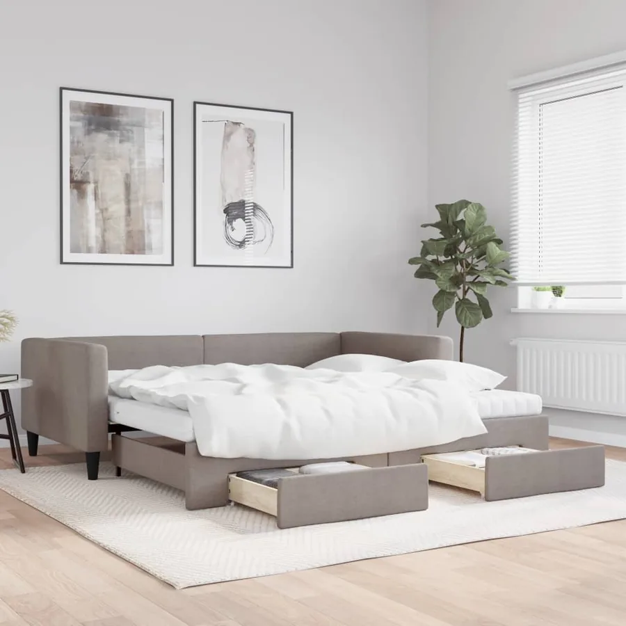 Lit de jour avec gigogne et tiroirs taupe 100x200 cm tissu