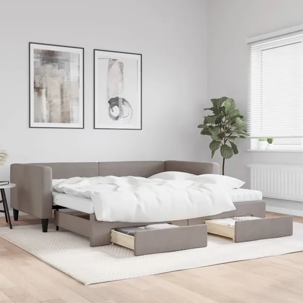 Lit de jour avec gigogne et tiroirs taupe 100x200 cm tissu