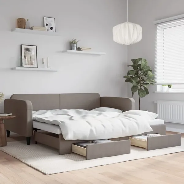 Lit de jour avec gigogne et tiroirs taupe 100x200 cm tissu