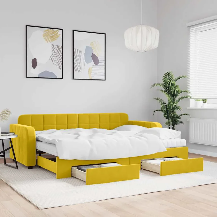 Lit de jour avec gigogne et tiroirs jaune 80x200 cm velours