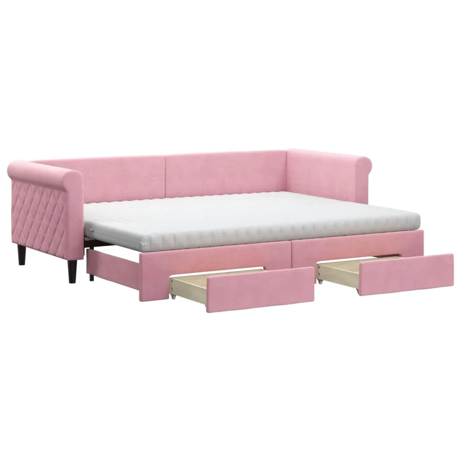Lit de jour avec gigogne et tiroirs rose 80x200 cm velours - 2