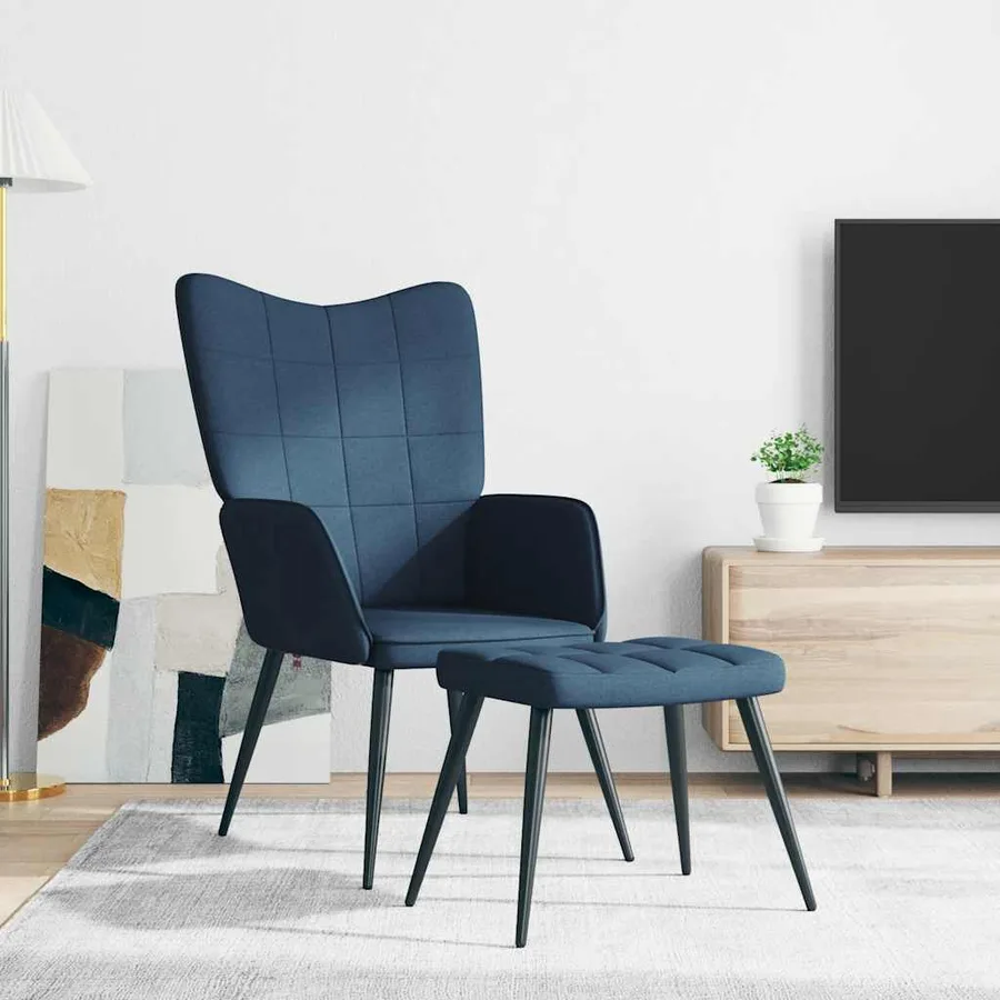 Chaise de relaxation avec tabouret Bleu Tissu - 3