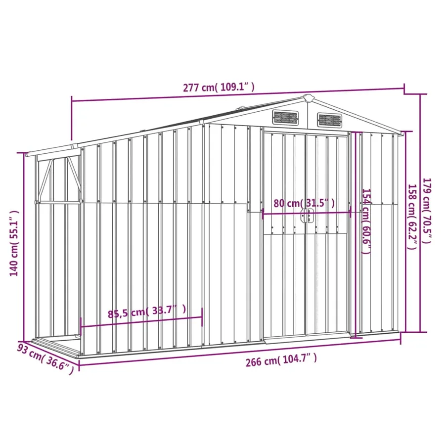 Abri de jardin marron 277x93x179 cm acier galvanisé - 9