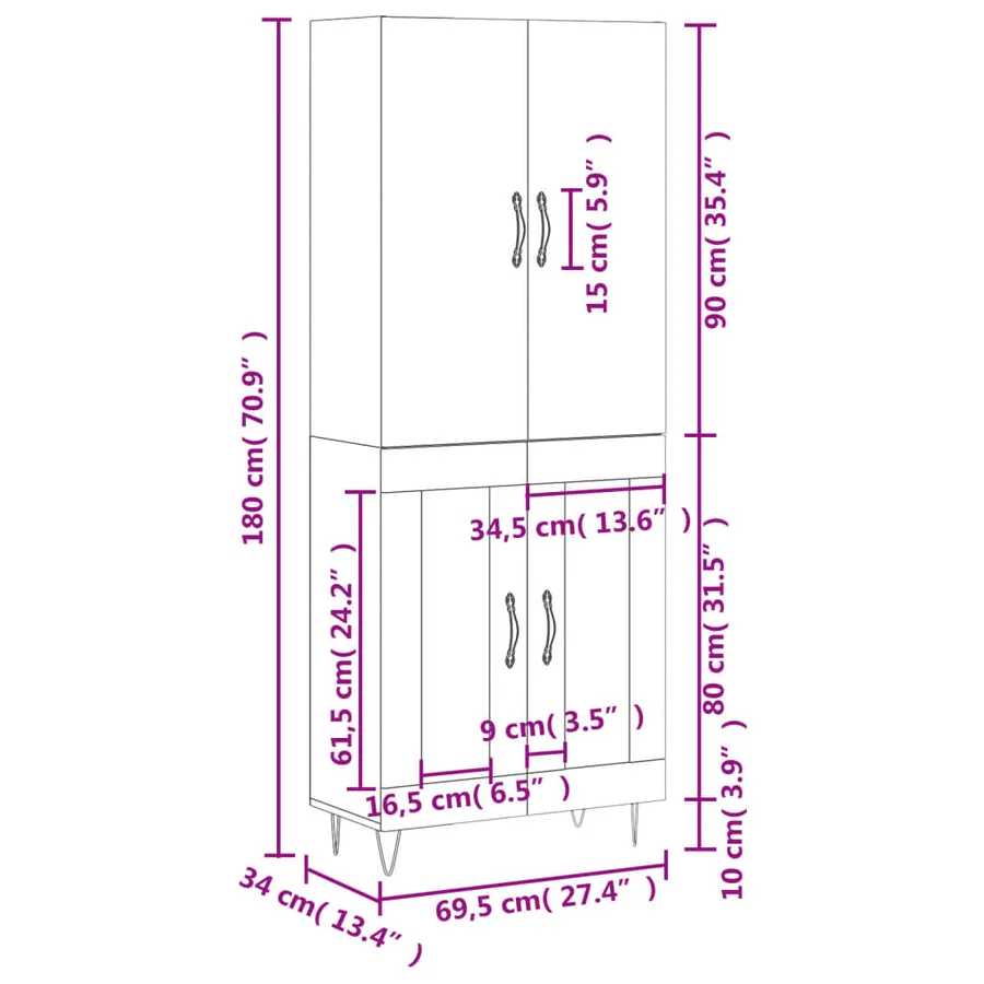 Buffet haut Blanc 69,5x34x180 cm Bois d'ingénierie - 13