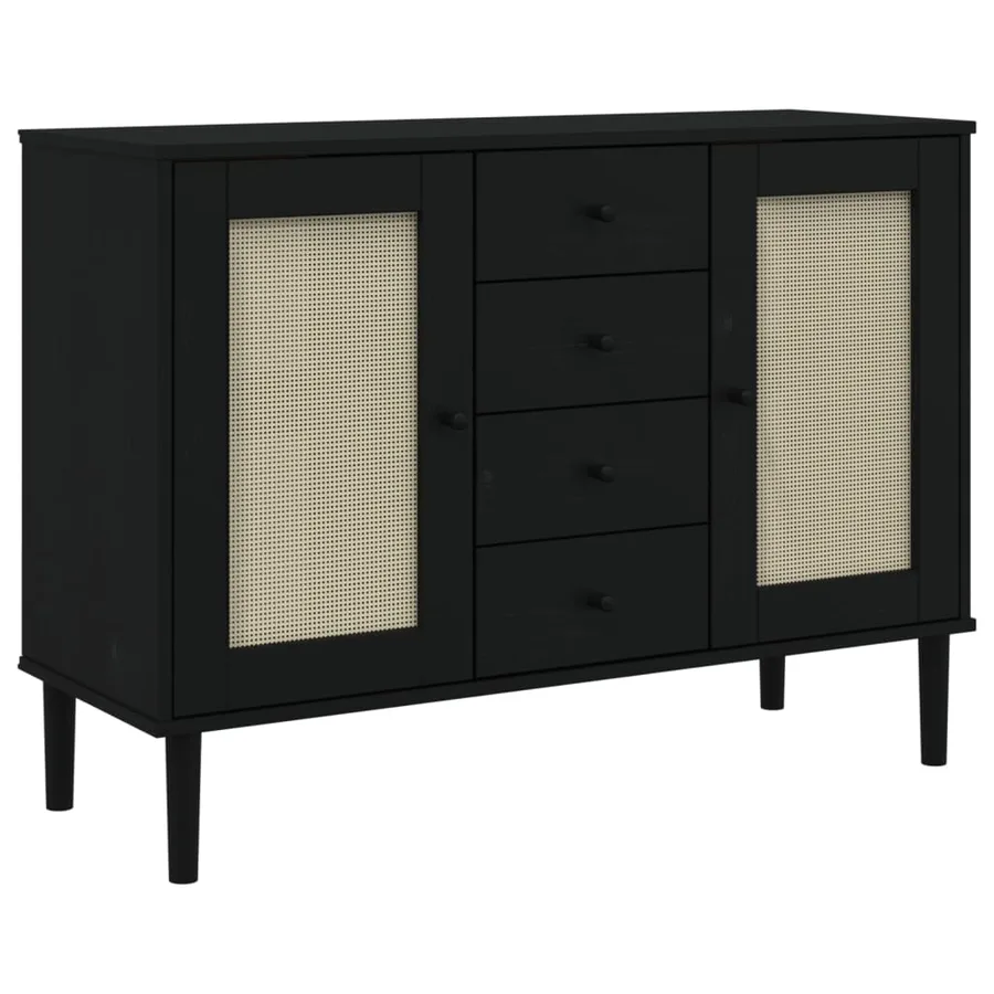 Buffet SENJA aspect rotin noir 112x40x80cm bois massif de pin - 2