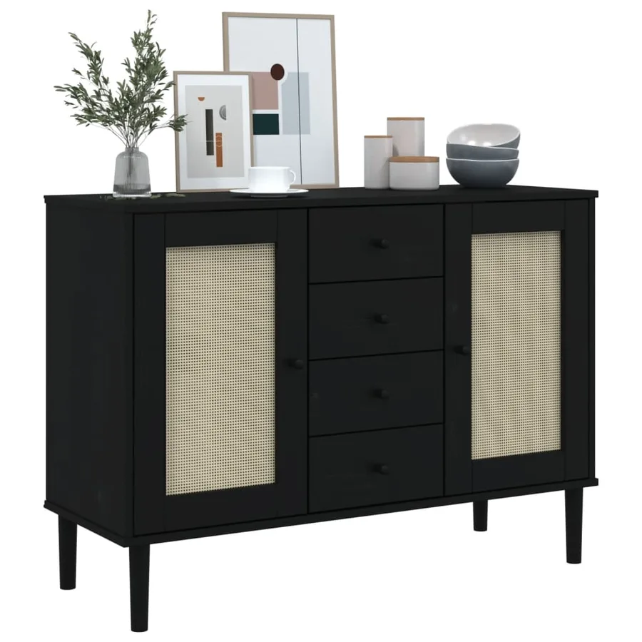 Buffet SENJA aspect rotin noir 112x40x80cm bois massif de pin - 3